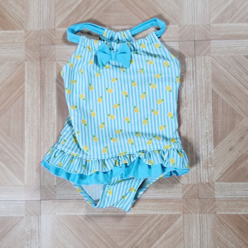 Floatimini Girls Blue White Striped Pineapple One Piece Swimsuit Ruffle Bow 4T